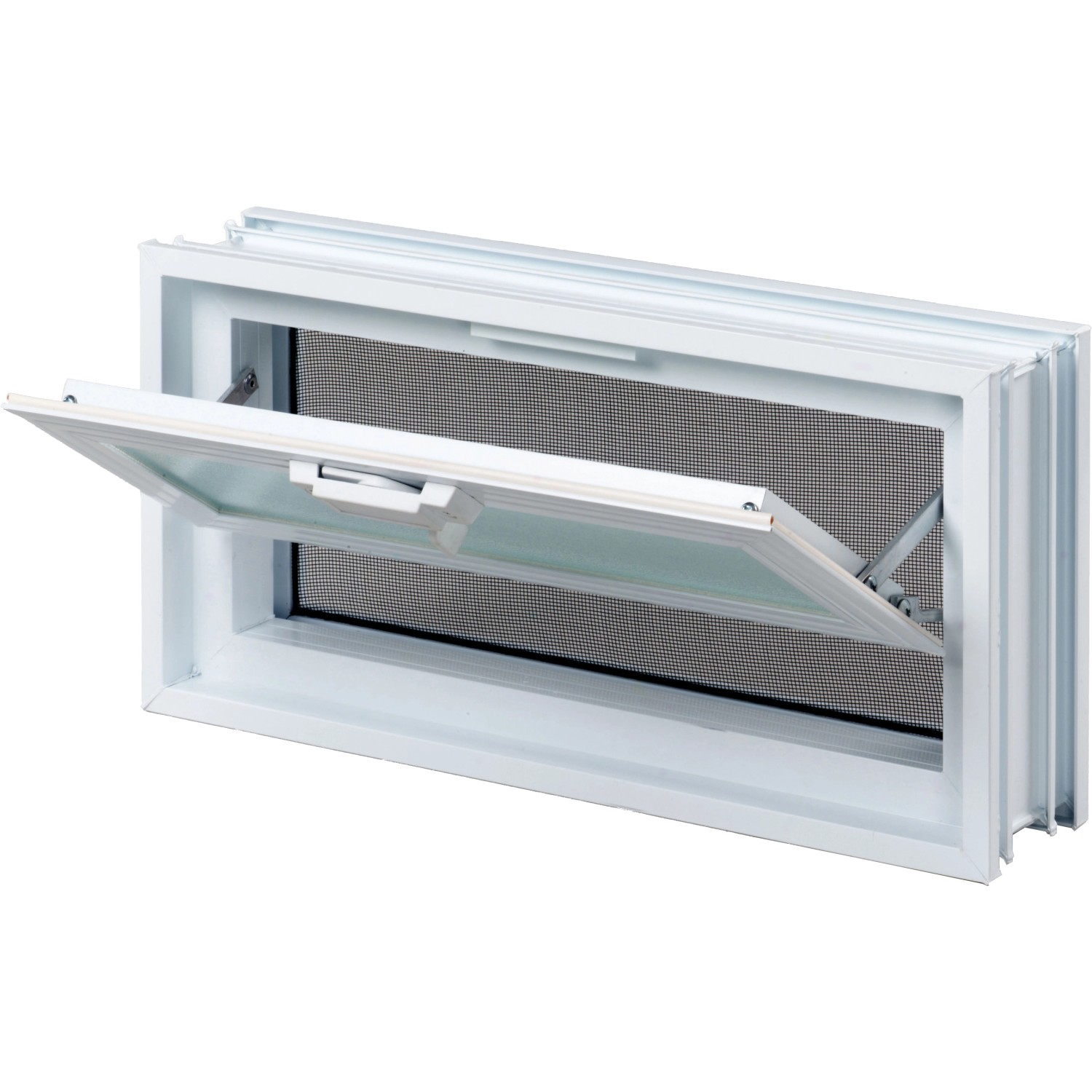 Weißes Lüftungsfenster für Glasbausteine, teilweise geöffnet mit Fliegengitter.