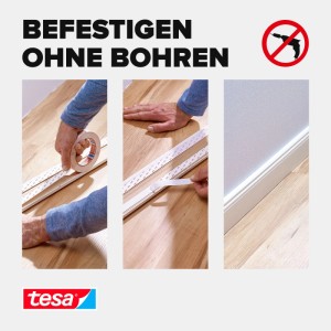 Tesa Montageband für Tapeten und Putz. Anwendung an Fußleiste, sichere Befestigung ohne Bohren.
