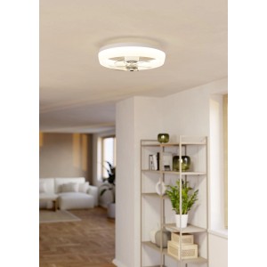 Weißer Eglo LED-Ventilator Castaic, 24 Watt, Ø 50 cm, mit transparenten Rotorblättern und Deckenleuchte.