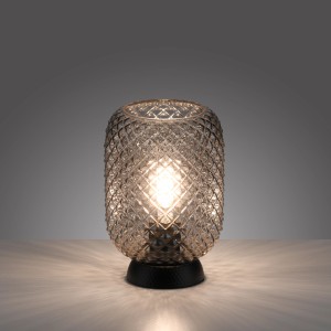 Schwarze Just Light Design-Tischleuchte Reishi mit geriffeltem Glas und E27 Fassung.
