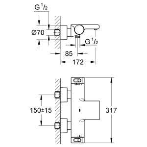 Technische Zeichnung Grohe Grohtherm 2000 Thermostat-Wannenbatterie DN 15 mit Maßen.
