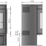 Technische Zeichnung Kaminofen Justus Mino 2.0 Stahl Schwarz mit Glasabdeckung, Maße und Anschlüsse.