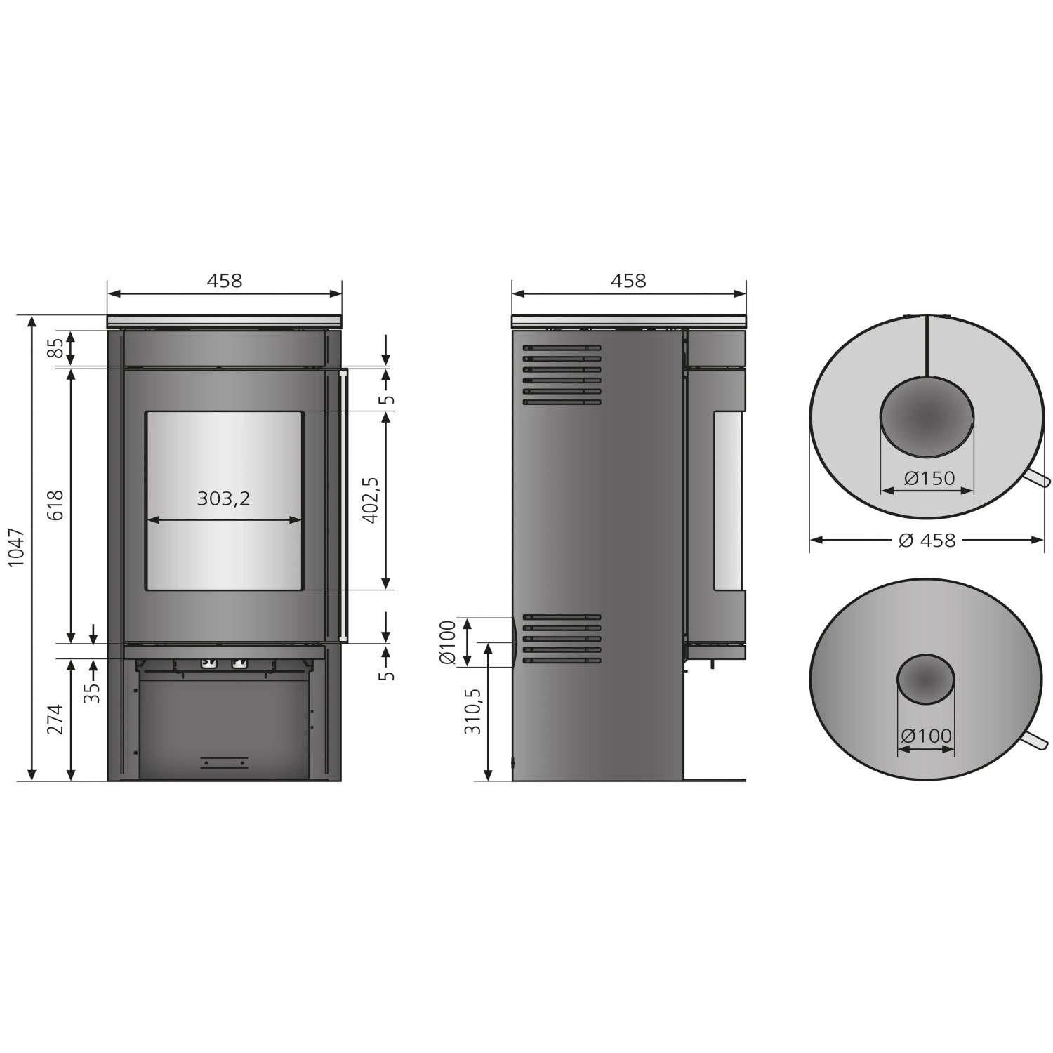 Technische Zeichnung Kaminofen Justus Mino 2.0 Stahl Schwarz mit Glasabdeckung, Maße und Anschlüsse.