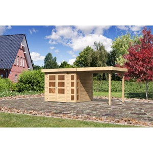 Karibu Holz-Gartenhaus Sölve, naturbelassen mit Flachdach und Anbau. Ideal als Gerätehaus oder Gartenlaube.