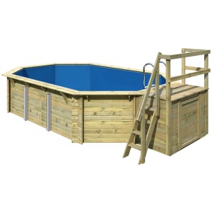 Karibu Holzpool Set mit Sonnenterrasse, Leiter und Filteranlage. Ideal für Badespaß im Garten.