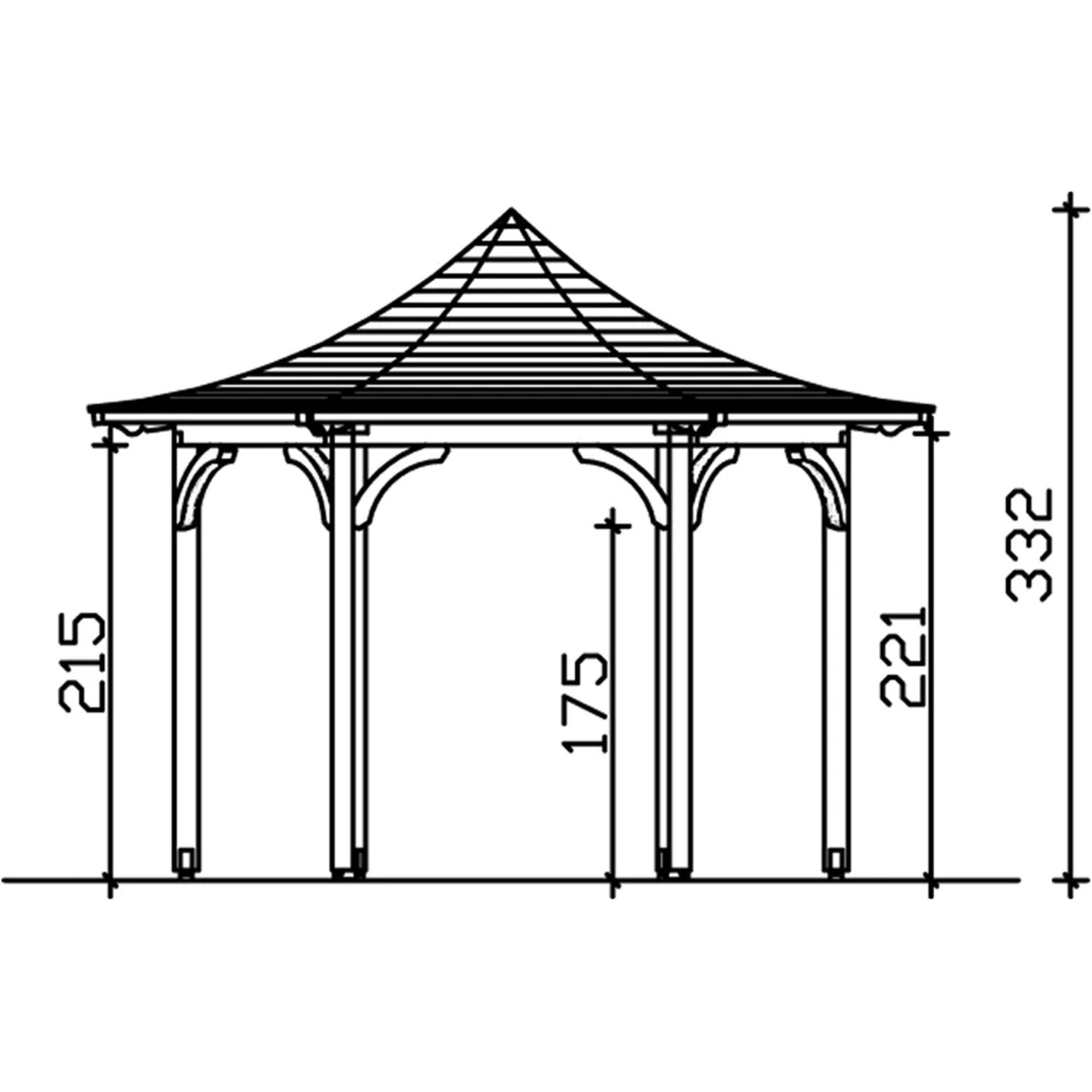 Technische Zeichnung Skan Holz Pavillon Versailles, Leimholz, 418x360 cm, Schiefergrau, Gartenlaube mit Maßen.