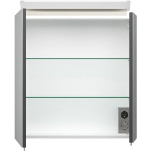Offener Posseik Spiegelschrank, 60 cm, anthrazit, mit zwei Glasböden und Aufsatzleuchte.