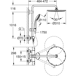 Technische Zeichnung Grohe Euphoria 310 Duschsystem Cool Sunrise mit Maßen.