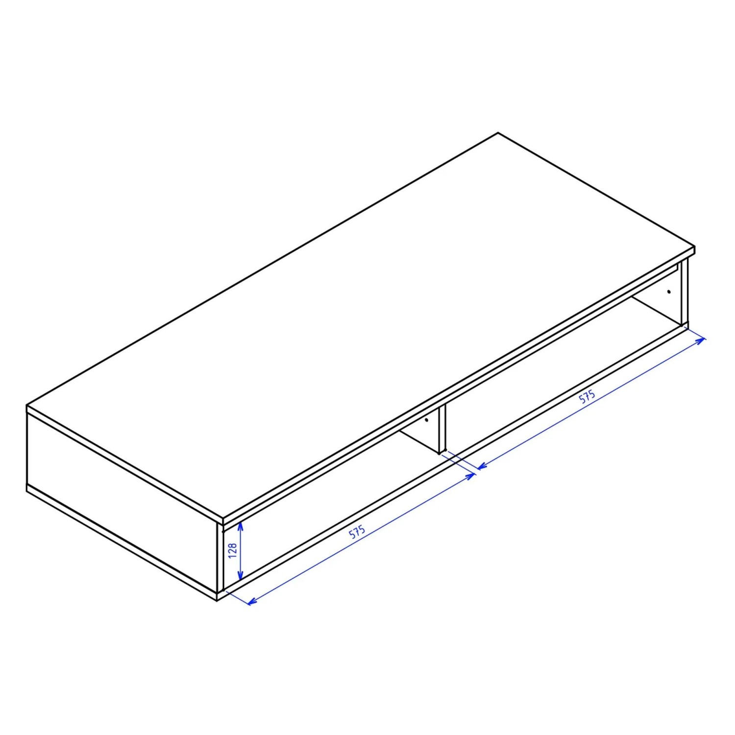 Technische Zeichnung des Selsey Bemmi Wand-Schminktisches 120 cm mit 2 Schubladenfächern und Maßen.