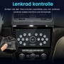 Junsun Autoradio im Skoda Yeti, zeigt Lenkradsteuerung auf Touchscreen. Hand bedient Tasten für sichere Fahrt.