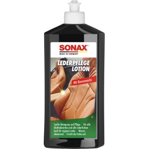 Sonax Lederpflegelotion 500ml für die Autopflege: Reinigt und pflegt Glattleder, mit Bienenwachs und UV-Schutz.