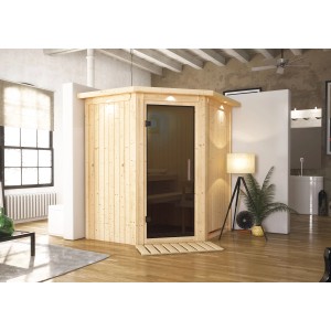 Karibu Sauna Thora mit LED-Dachkranz, naturbelassene Elementsauna mit graphitfarbener Glastür.