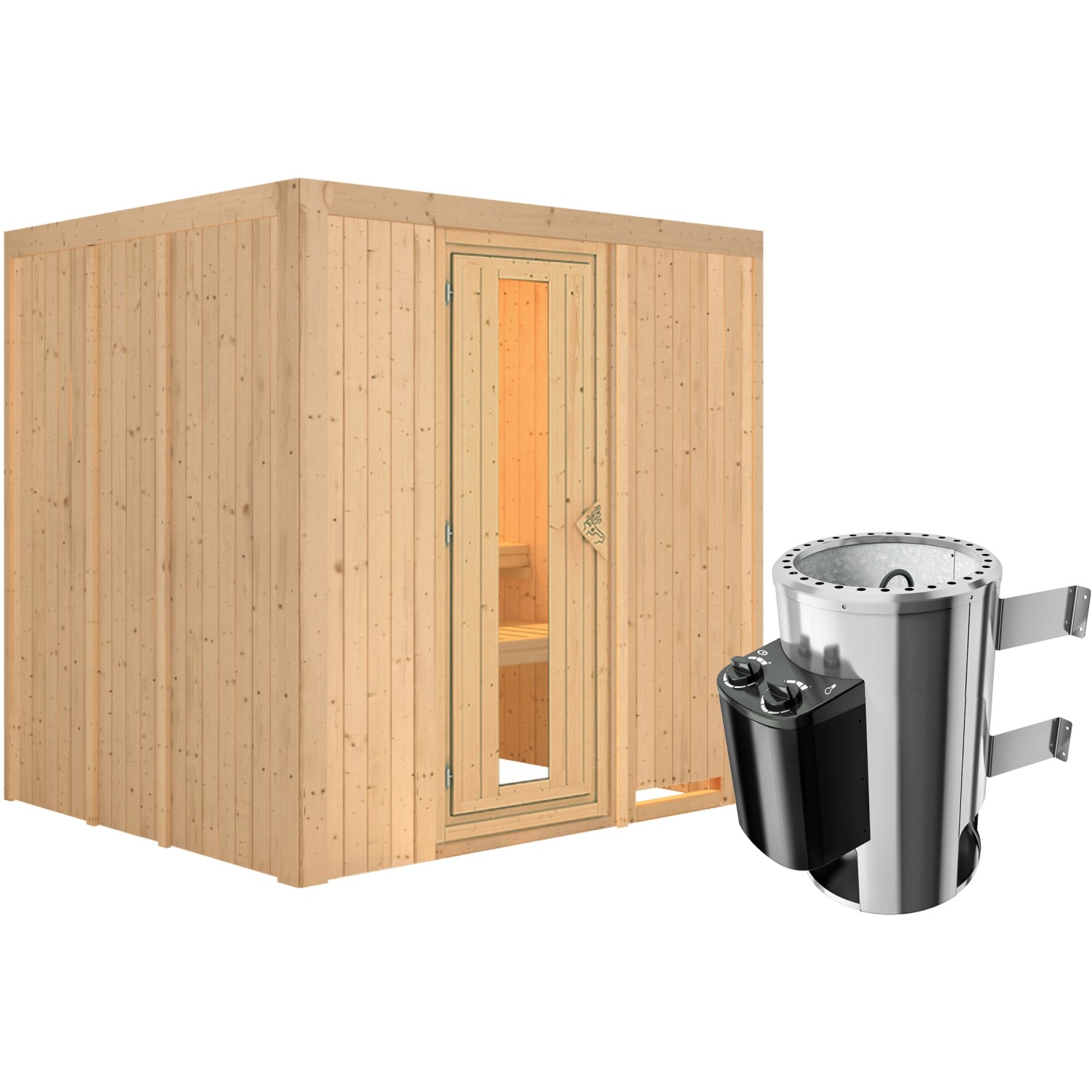 Karibu Sauna Dilja mit Ofen, aus Naturholz mit Glastür und integriertem Saunaofen.