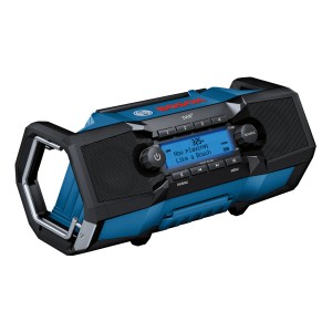 Bosch Professional Akku-Radio GPB 18V-2 SC Solo, blau-schwarz, mit digitalem Display und Tragegriff.