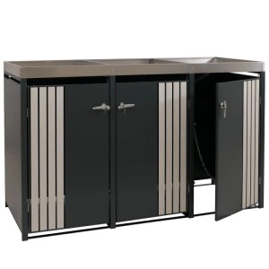 MCW 3er-Mülltonnenbox O67, anthrazit mit hellen Holzoptik-Akzenten, 125x196x84cm. Ordnungssystem für den Garten.