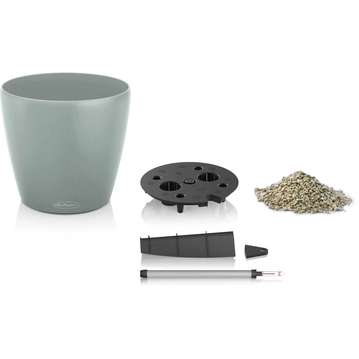 Lechuza Classico Eco Pflanzgefäß, Ø 28 cm, hellgrau, mit Zubehör für Bewässerungssystem.