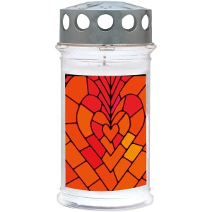 Grablicht Ambrosius mit Herz-Motiv, orange, für 5 Tage Brenndauer. Gartendeko.