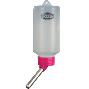 Trixie Kleintiertränke, 100ml, mit Drahthalter und Kugelventil. Transparentes Gehäuse, pinkfarbener Verschluss.