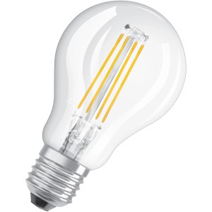 Osram LED-Lampe E27 Tropfenform, 4W, 470lm. Klares Glas, Filament sichtbar.