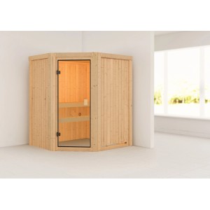 Karibu Sauna Faurin mit Eckeinstieg und bronzierter Glastür. Massivholzsauna mit zwei Saunabänken.