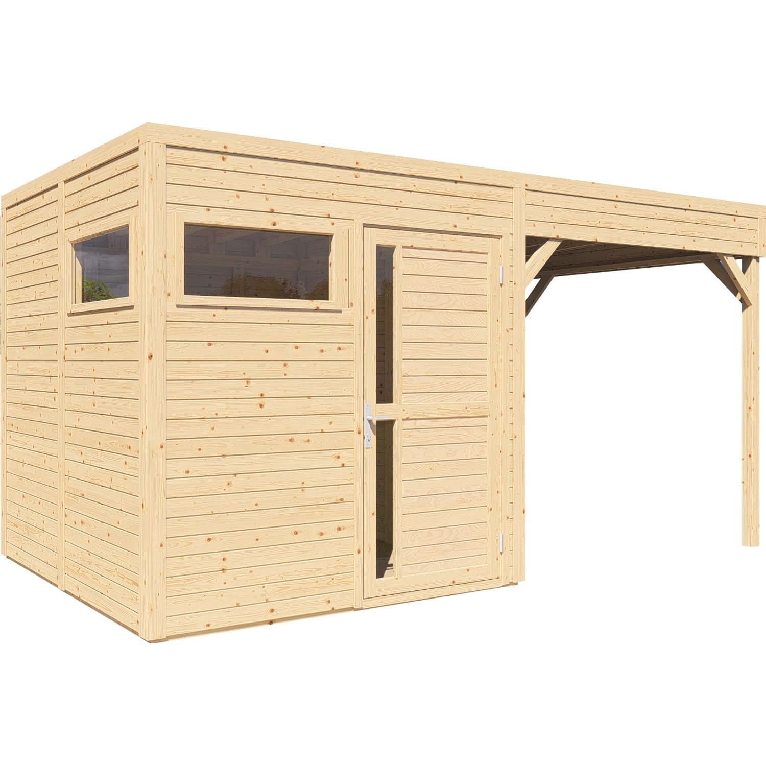 Bertilo Holz-Gartenhaus Cubus 2 Lounge Natur mit Fenster und Überdachung.