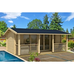 Lasita Maja Gartenhaus Lyndhurst, naturbelassenes Holz mit überdachter Veranda neben Pool.