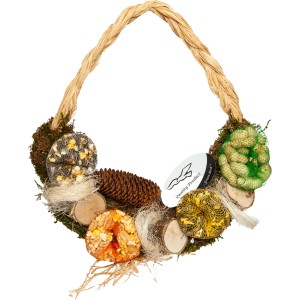 Dekorative Futtergirlande für Wildvögel, Ø 45x30cm, mit Saaten, Erdnüssen und Naturmaterialien.