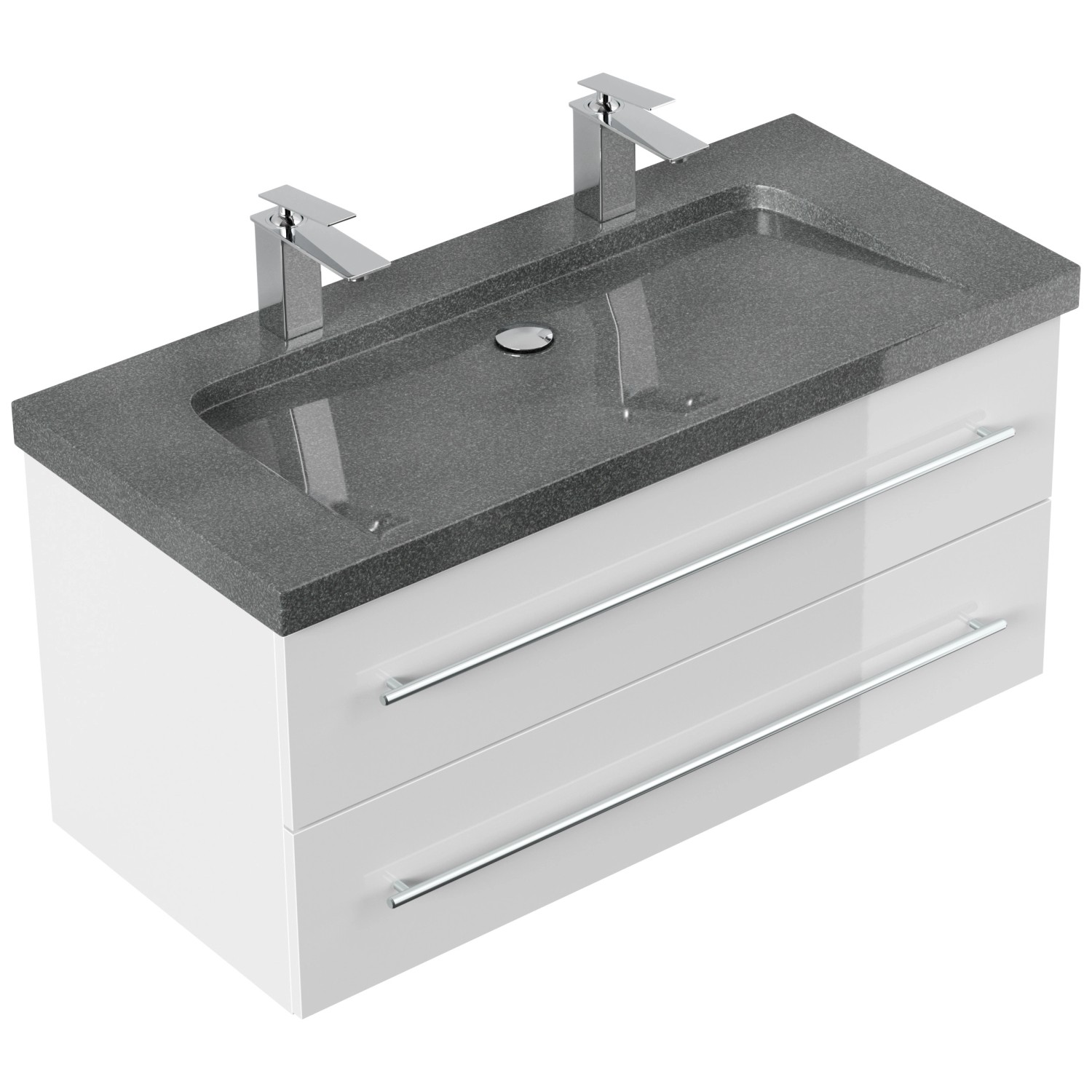 Posseik Badmöbel-Set Yamo, 100 cm, Weiß Hochglanz mit Granit Waschbecken und zwei Hahnlöchern.