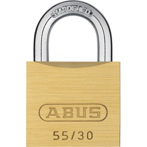 Abus Messing-Vorhangschloss 55/30 mit Stahlbügel, Nahaufnahme.