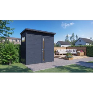 Anthrazitfarbenes Holz-Gartenhaus Bertilo Pentus mit Fenster und Tür im modernen Design.