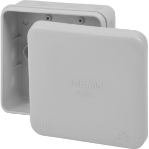 Geöffneter, grauer Abzweigkasten 80x80x37 mm, IP55, mit Deckel. Elektroinstallation.