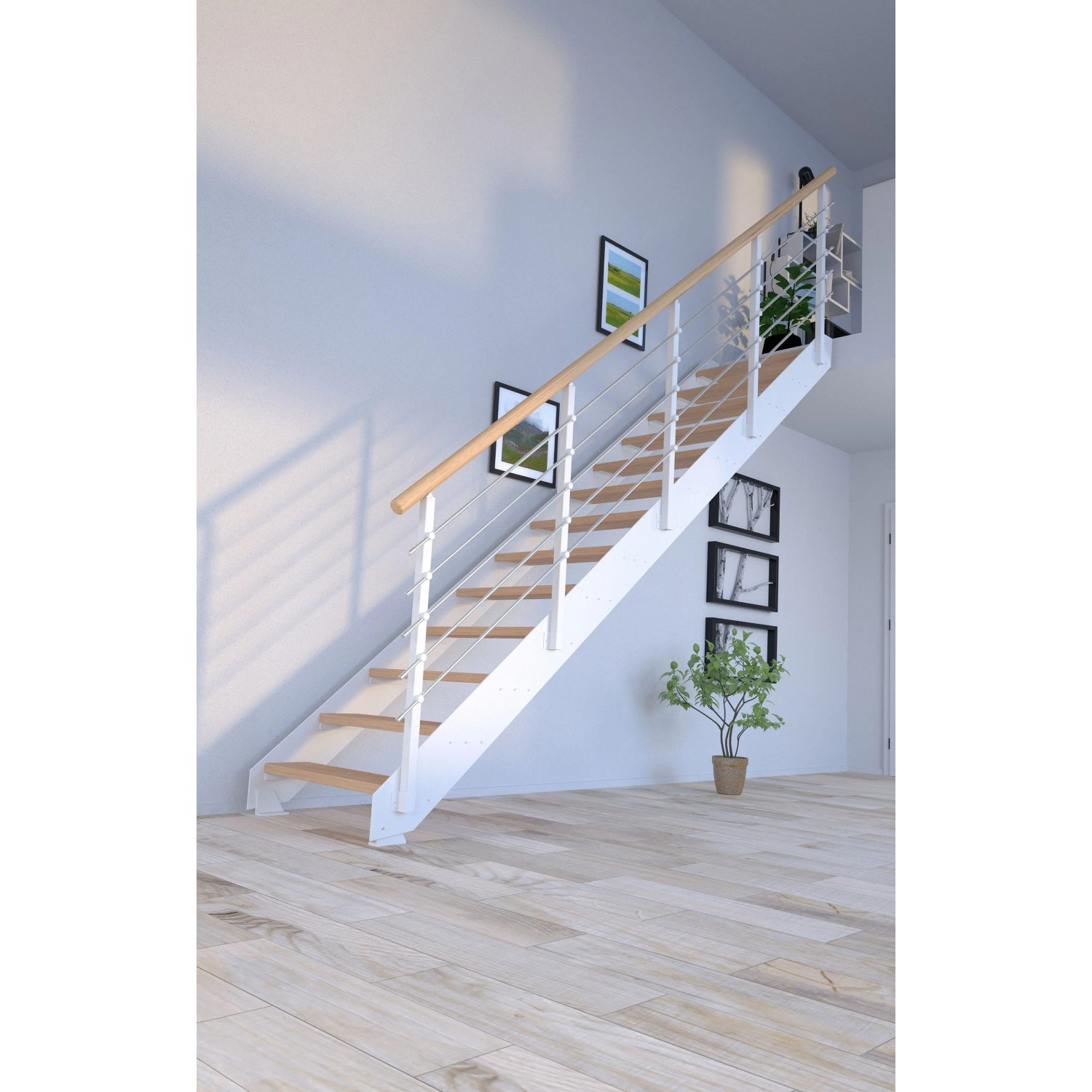 Treppe Kos 15 Stufen Eiche Natur 105 cm Metallgeländer Weiß FSC®_9