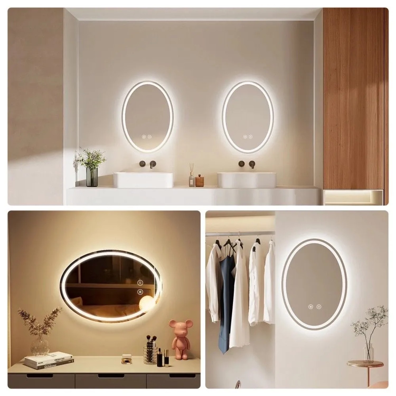 Ovaler Emke LED Badspiegel 50x70 cm mit Anti-Beschlag und Touch-Steuerung, beleuchtet in Bad und Ankleidezimmer.