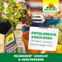 Neudorff Neudohum Aussaat- & Kräutererde im Bild: Person hält Pflanze und Erde über Topf, Sack Erde im Vordergrund.