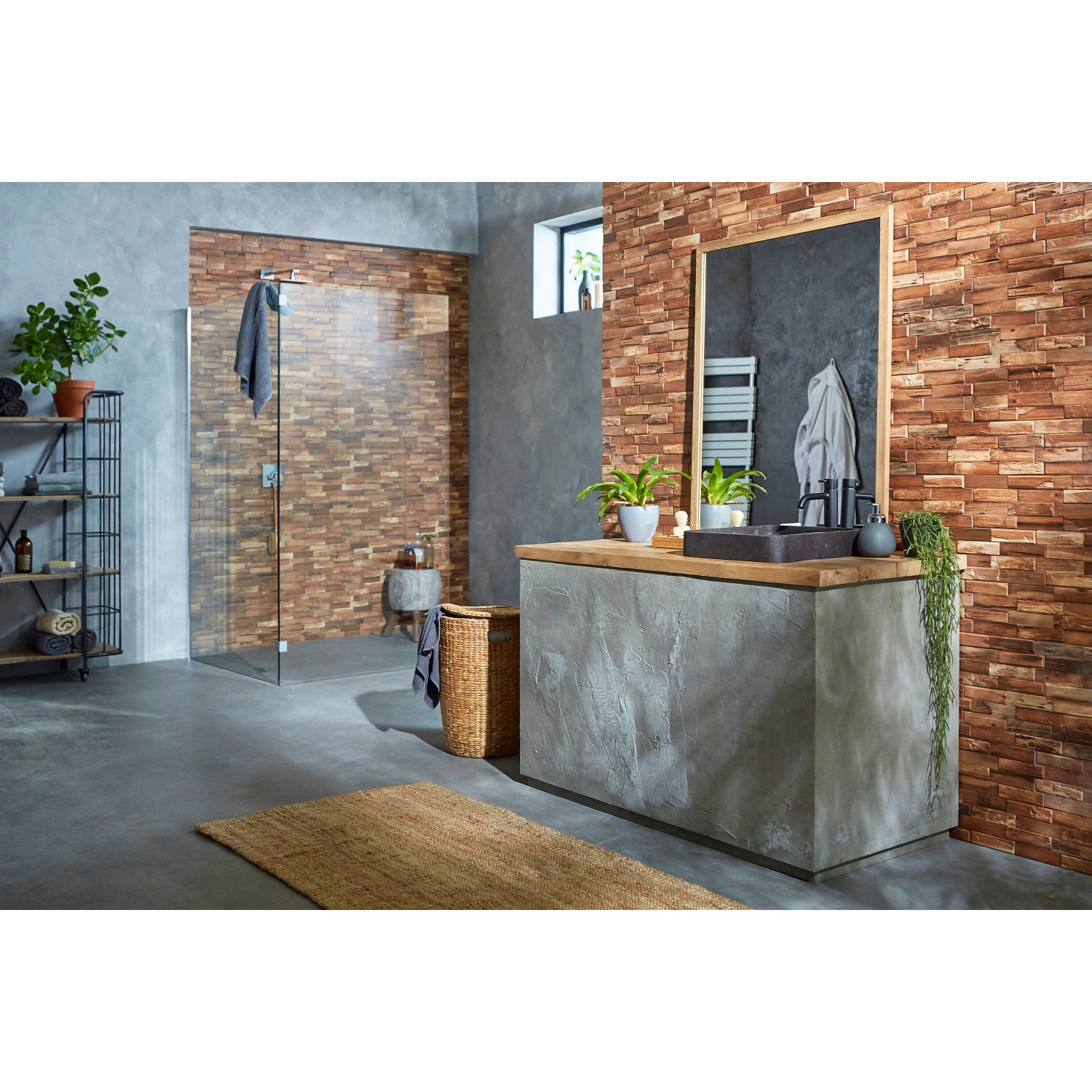 Badezimmer mit braunen Klimex Verblender Feinsteinzeug UltraStrong Colorado 4D an der Wand.