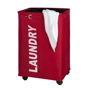 Roter Wenko Wäschesammler Quadro (79 l) aus Polyester mit Rollen und Tragegriffen.