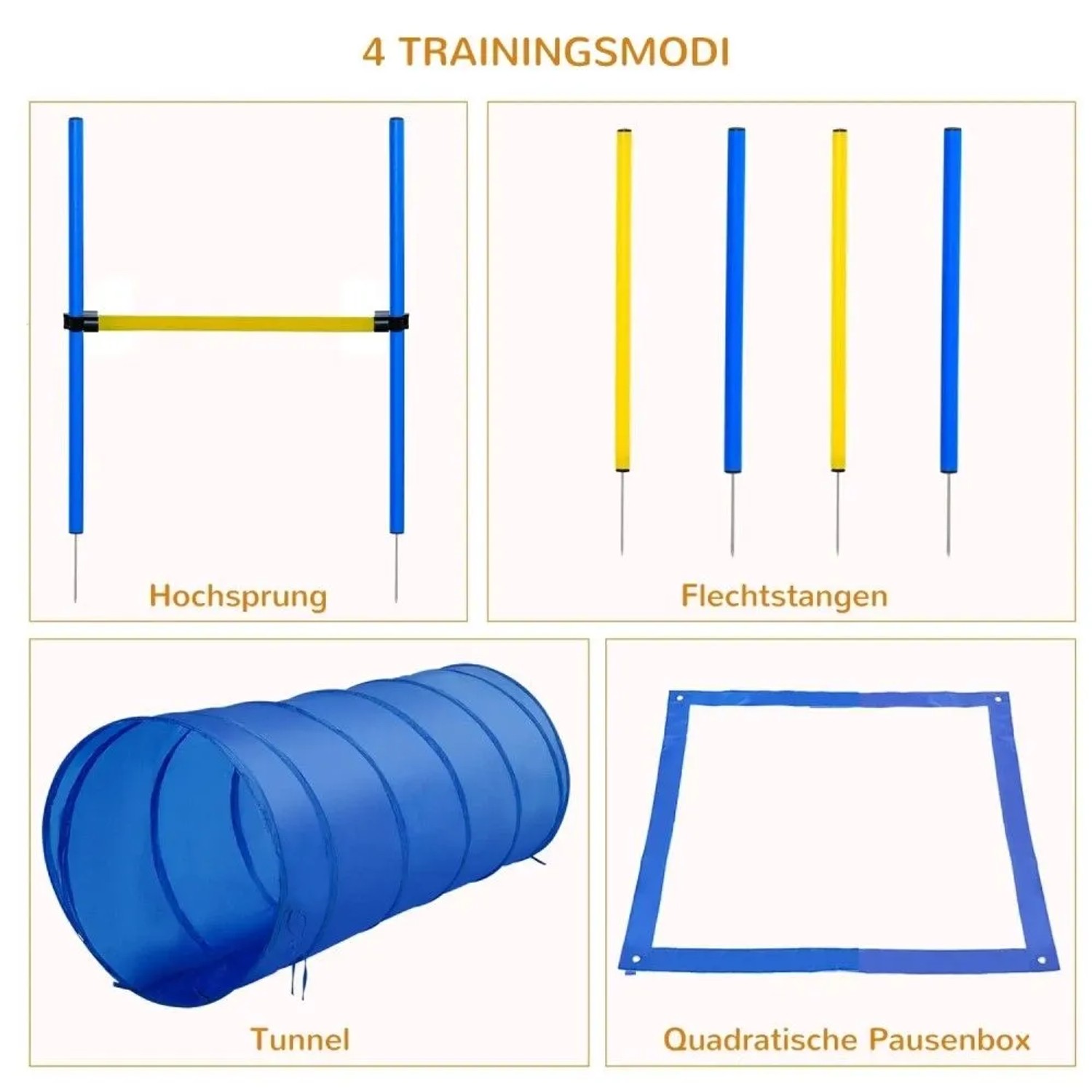 PawHut Hunde-Agility-Set: blauer Tunnel, Hochsprung, Slalomstangen und Startfeld für Hundetraining.