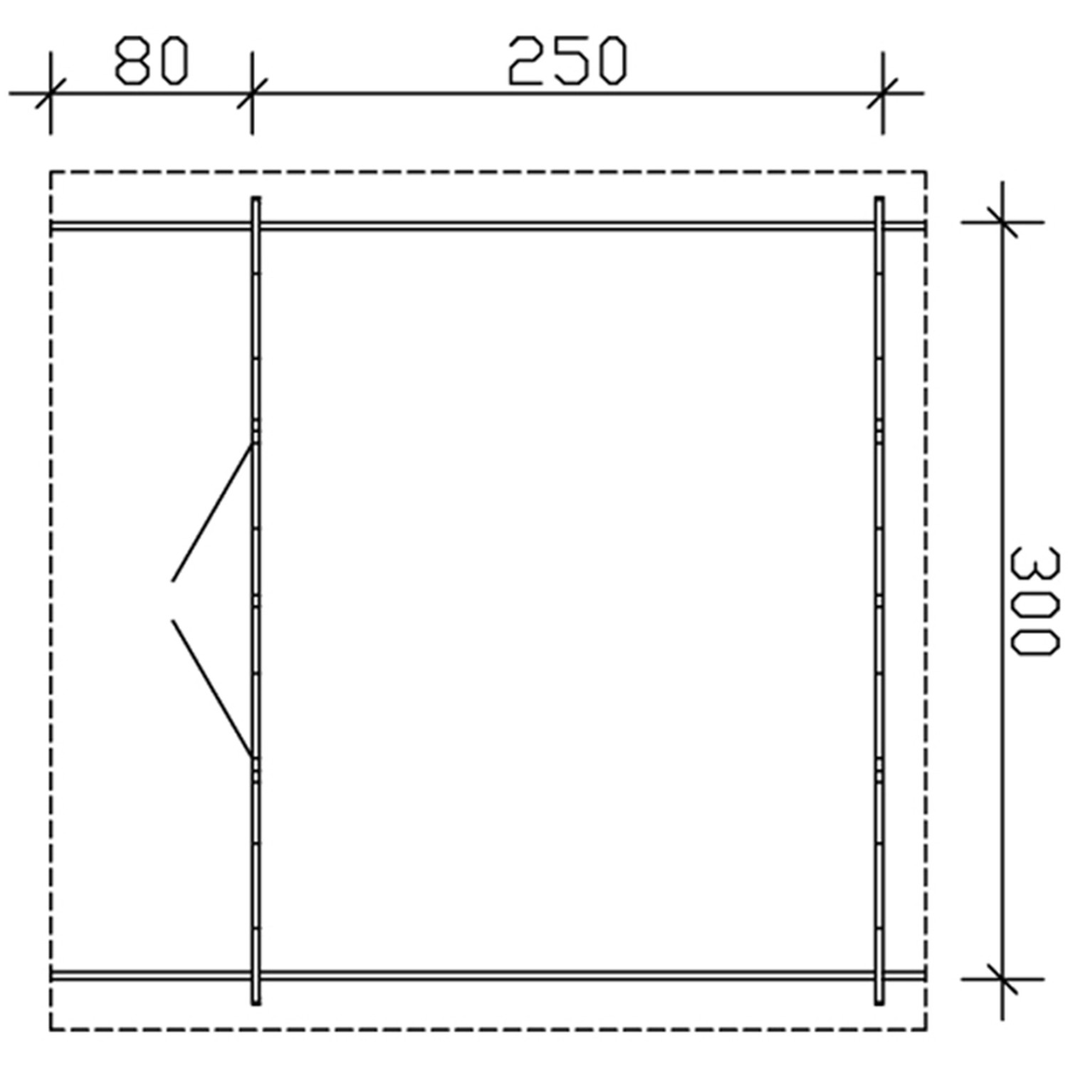 Grundriss Skan Holz Gartenhaus Faro 2 Natur, 300x250 cm, mit Maßangaben.