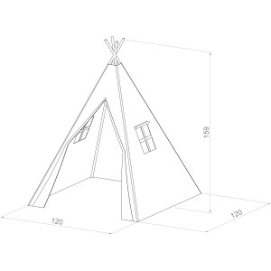 Skizze Tipi Zelt Alba mit Maßangaben, weißes Spielzelt für Kinder.