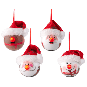Vier Lumineo LED-Weihnachtskugeln: Rentier, Schneemann, 2 Weihnachtsmänner. Glänzende Oberfläche, roter Blitzeffekt. Perfekt für Weihnachtsdeko.