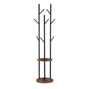 Relaxdays Garderobenständer MDF Eisen Vintagebraun Freistehend mit 8 Haken mit 2 Ablagen 175 cm x 40 cm