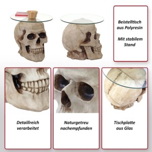 MCW Beistelltisch Totenkopf A19: Wohnzimmertisch mit Glasplatte auf Totenkopf-Fuß aus Kunststein.