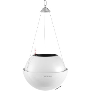 Weiße Lechuza Hängeampel Bola Color 32, Ø 32 cm, mit Bewässerungssystem und Edelstahlaufhängung.