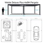 Technische Zeichnung der Weide Deluxe Plus Pergola 4x8m mit Maßen, Lamellen und Nutzungsideen für Terrasse, Garten, Carport.