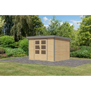 Karibu Gartenhaus Diego 5 A, naturbelassen/graualuminium, mit Doppeltür und Flachdach im Garten.