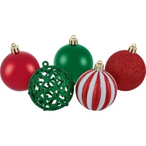 Baumschmuck-Set, 35-teilig, rot, weiß, grün, verschiedene Designs und Oberflächen.