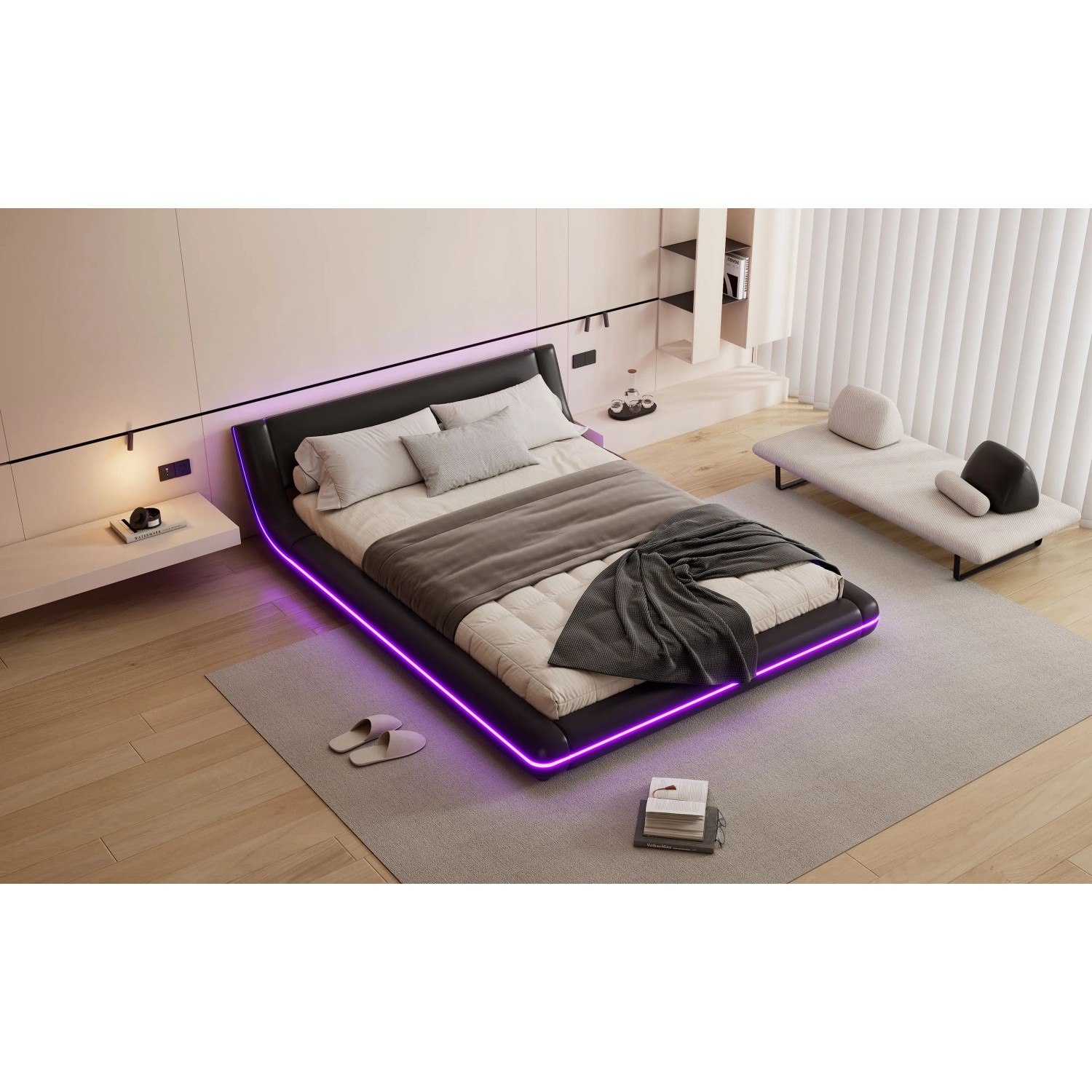 okwish Bodenbett 140x200cm mit LED Beleuchtung Schlafzimmer Schwarz ohne Matratze_10
