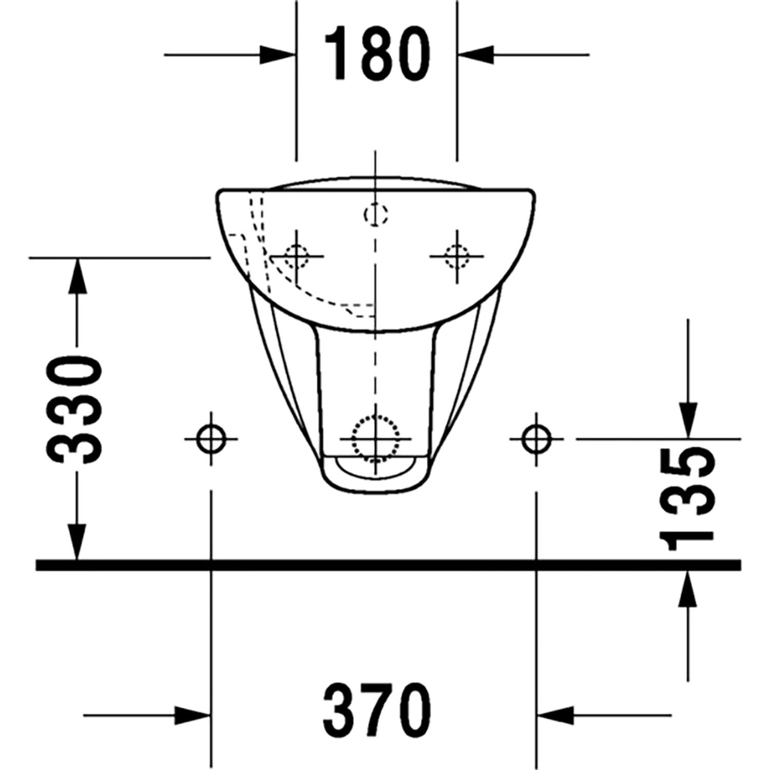 Technische Zeichnung des Duravit D-Code Wand-Bidets mit Maßen für Installation.