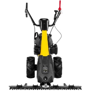 Texas Balkenmäher CB8750, schwarz-gelb, mit 87 cm Mähbalken und Traktorprofil-Rädern.