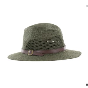 Blackfox Herrenhut Tobias, grün, aus Stroh mit Lederschnalle. Gartenbekleidung für Herren.